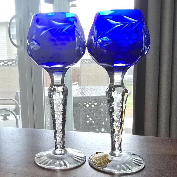 2 Piece German Wine Hocks Glasses Cobalt Blue Cut To Clear Crystal - Picture 5 of 7